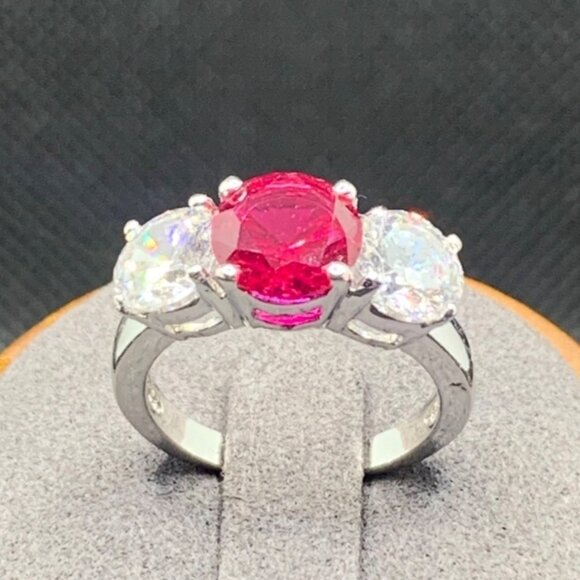 VTG Sterling Silver 925 Red Crystal & Cubic Zirconia Statement Ring Size 5.75 - Picture 1 of 14